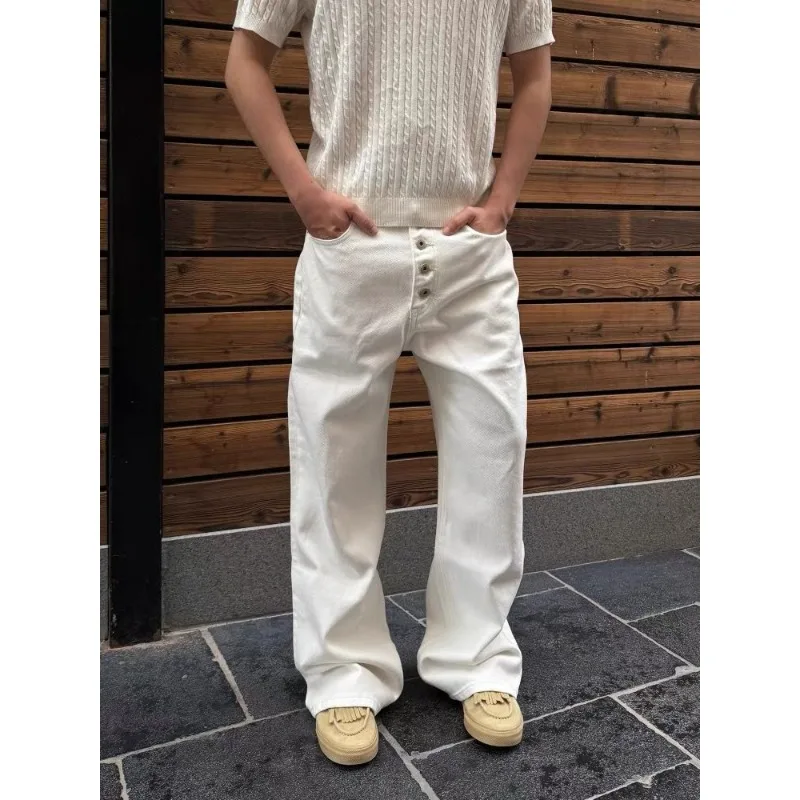 Pantalones vaqueros de pierna ancha blancos para hombre, pantalones vaqueros holgados con botones de tiro alto, ropa de calle informal diaria, pantalones relajados