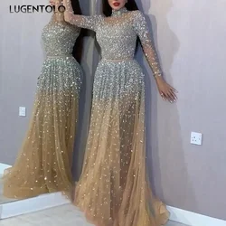 Women's Dance Dress Sequins Bronzing Long-Sleeved Sexy Dinner Slim-fit Lace Party Big Swing Lady Maxi Dresses Lugentolo