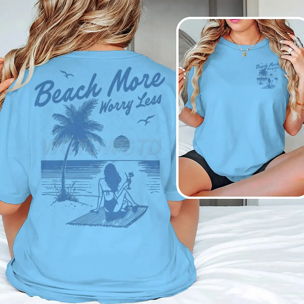 

Ocean Beach Summer Vibes Pattern T Shirt, Vintage Aesthetic Sexy Girls Print Tops, Short Sleeve Crewneck Vacation Trip Women Tee