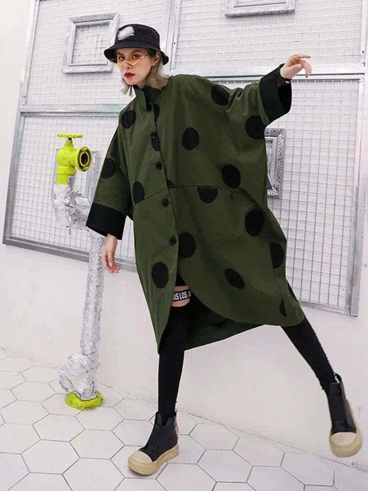 XITAO Irregular Trench Women Polka Dot Autumn Single Breast Pocket Elegant Patchwork Turn Down Collar Coat GCC1781