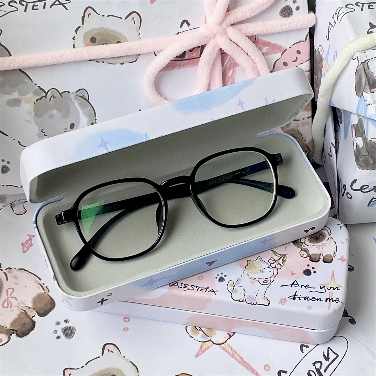 Cartoon Cat Dog Pattern Glasses Box Portable Sunglasses Storage Case Leather Reading Glasses Protective Box Eyegwear Accessories