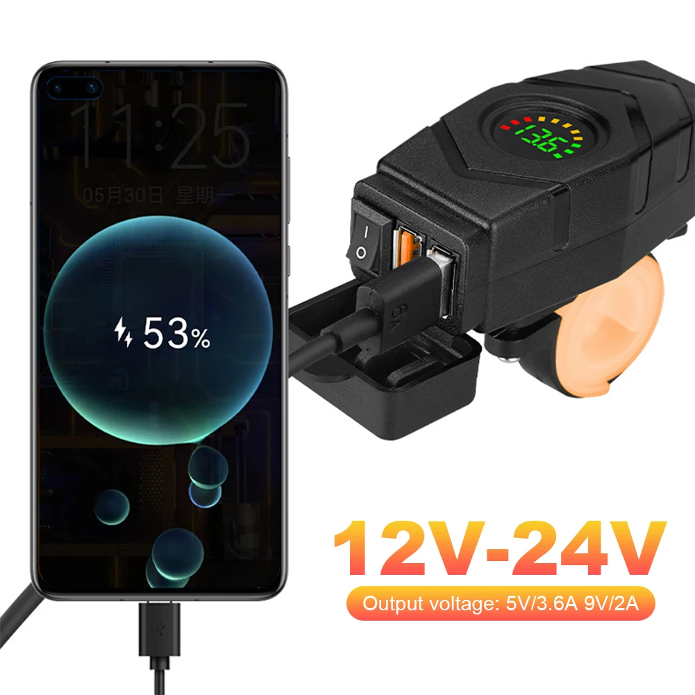 

36W Motorcycle Charger Colourful LED Voltmeter Dual USB QC3.0 E-bike Handlebar USB Charger with Switch 12V-24V Motor Accessories