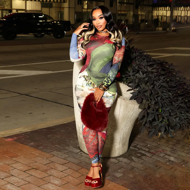 أزياء المرأة ثلاثية الأبعاد طباعة كتلة اللون نحيل بذلة الخريف س الرقبة طويلة الأكمام الخوخ الوركين ضئيلة ملابس الشارع الشهير وزرة السروال القصير #3