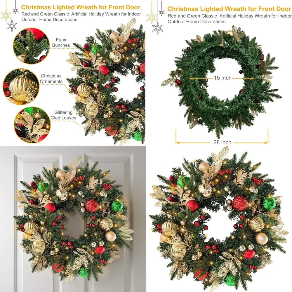 

Искусственный рождественский венок с предварительной подсветкой на батарейках и 35 светодиодами, золотисто-зеленые красные украшения, блестящие пары из сусального золота, Perfec