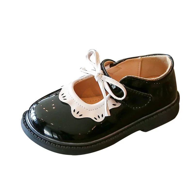 Girls' Patent Leather Bowknot Princess Shoes, sapatos baixos para crianças, vinho tinto, preto, babados, elegantes, crianças, meninas, crianças