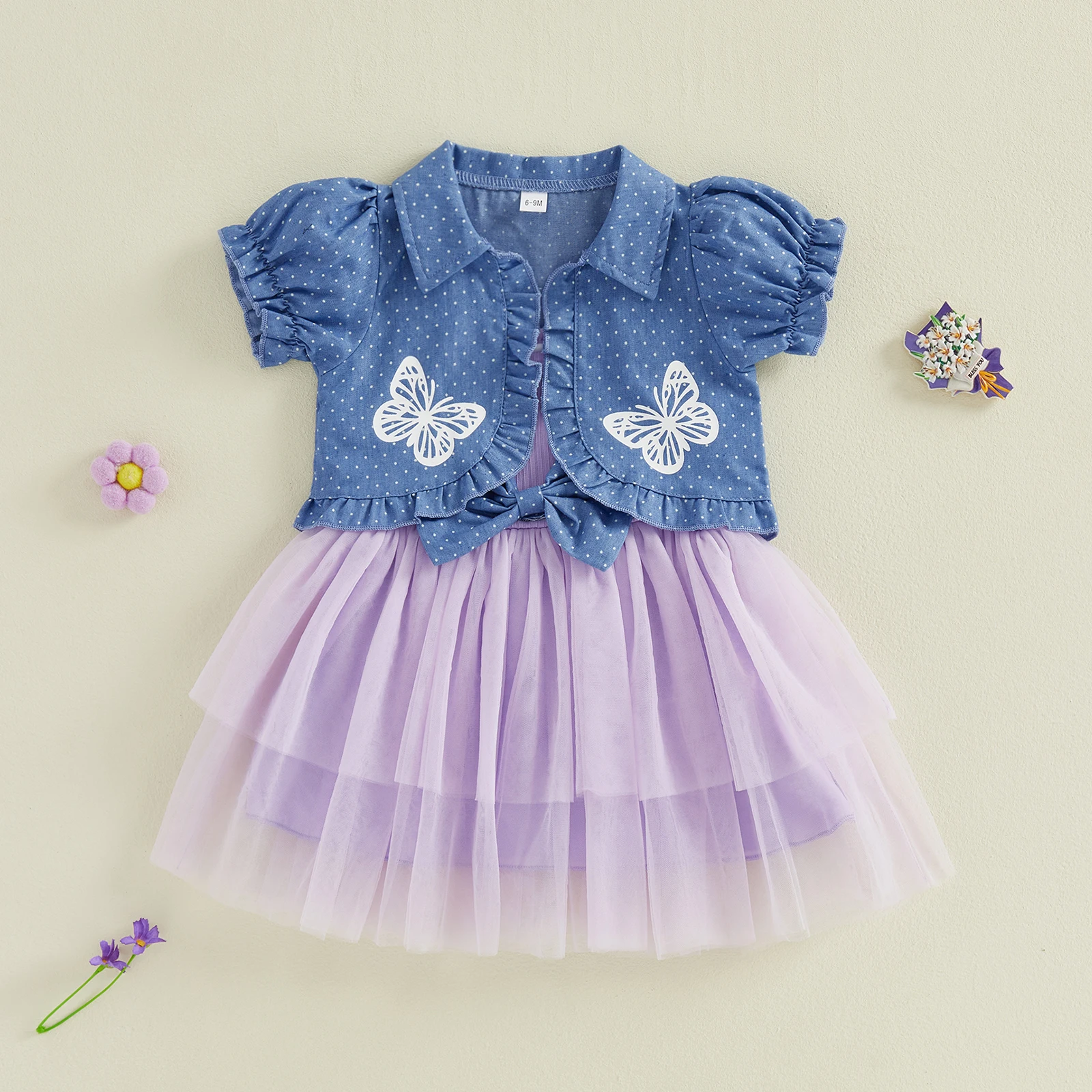 2026 Summer Toddler Girl Outfits Tulle Spaghetti Strap Bow A Line Dress with Dot Butterfly Print Short Puff Sleeve Cardigan