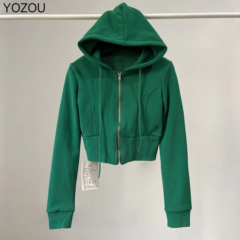 YOZOU 2023 Green Pink Black Cropped Full Zip Up Hoodie Slim Y2k Solid Hooded Sweatshirt Crop Top Women Kpop Streetwear Kawaii