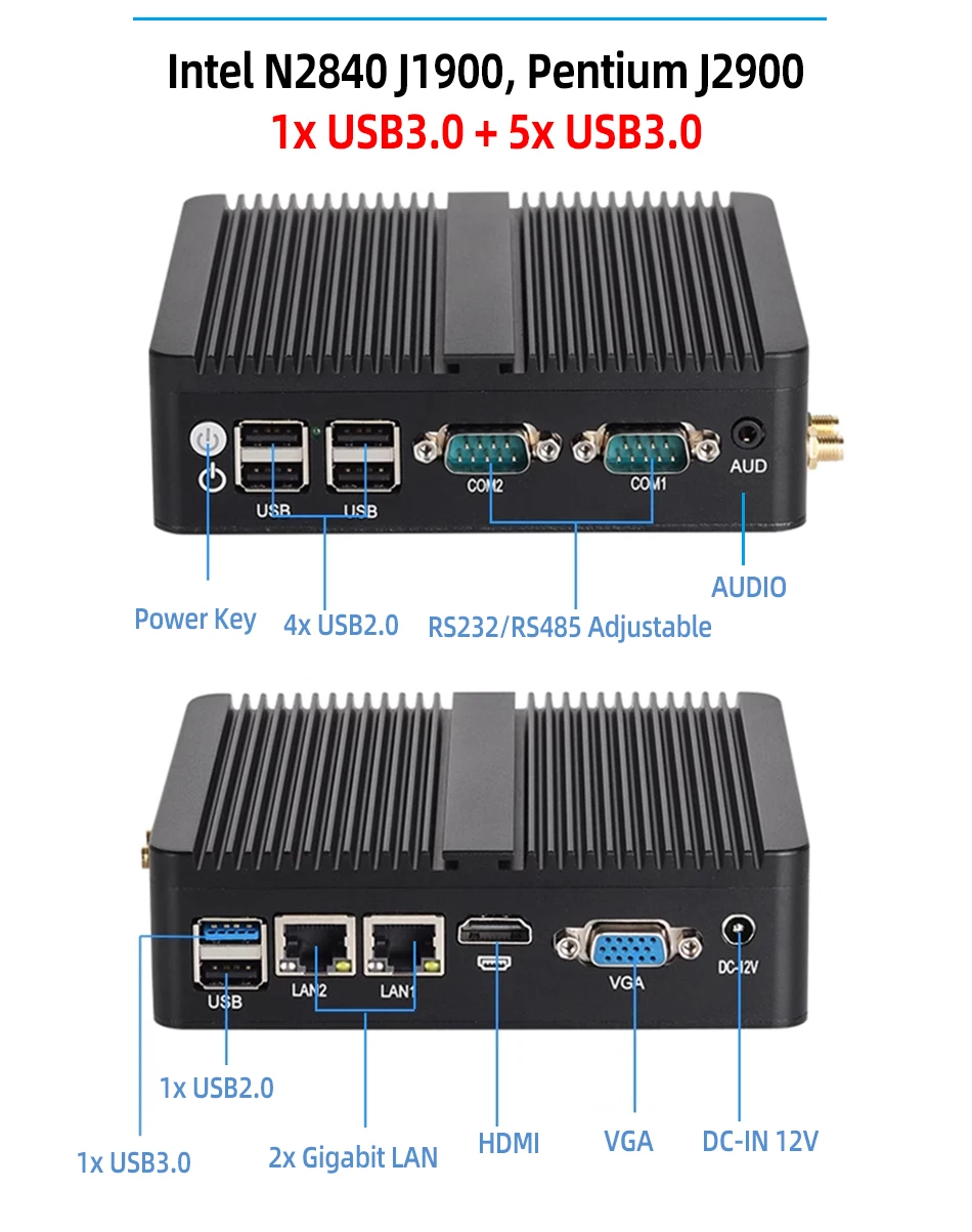 Mini PC industrial sin ventilador Intel Celeron J6412 J4125 J1900 2x COM RS232 RS485 2x GbE LAN 6x USB WiFi 4G LTE SIM Windows Linux