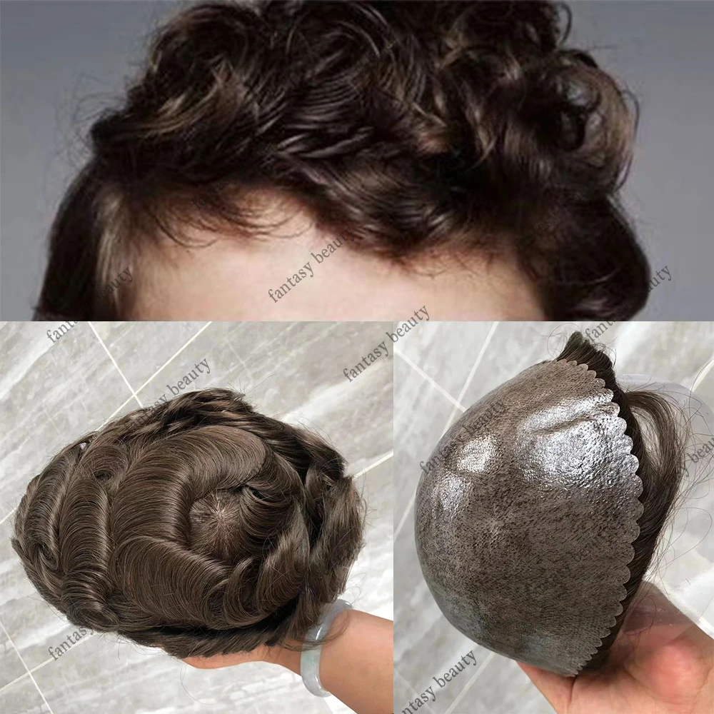 Peruca de cabelo humano para homens, toupee durável, plutônio completo, perucas de onda de água, prótese capilar masculina, pele fina, loiro marrom, #4