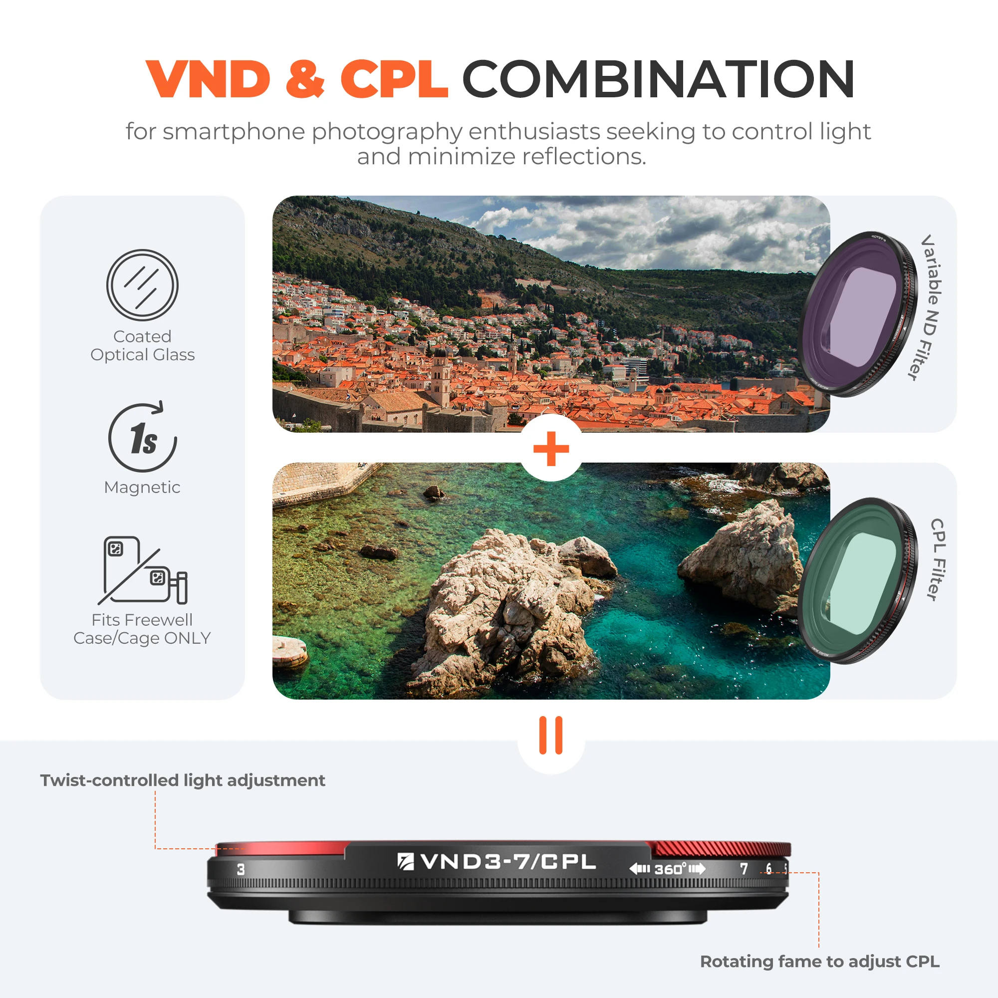 Freewell Sherpa VND/CPL Filter 3–7 Stops, kompatibel mit Freewell iPhone Series Hüllen und Genius Rig Cage Fotografie-Zubehör