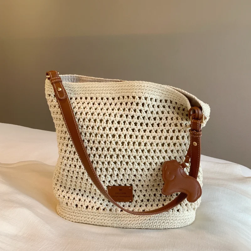 Saco de balde tecido à mão para mulheres, bolsa de ombro casual, simples, para viagens, negócios, praia, férias, verão