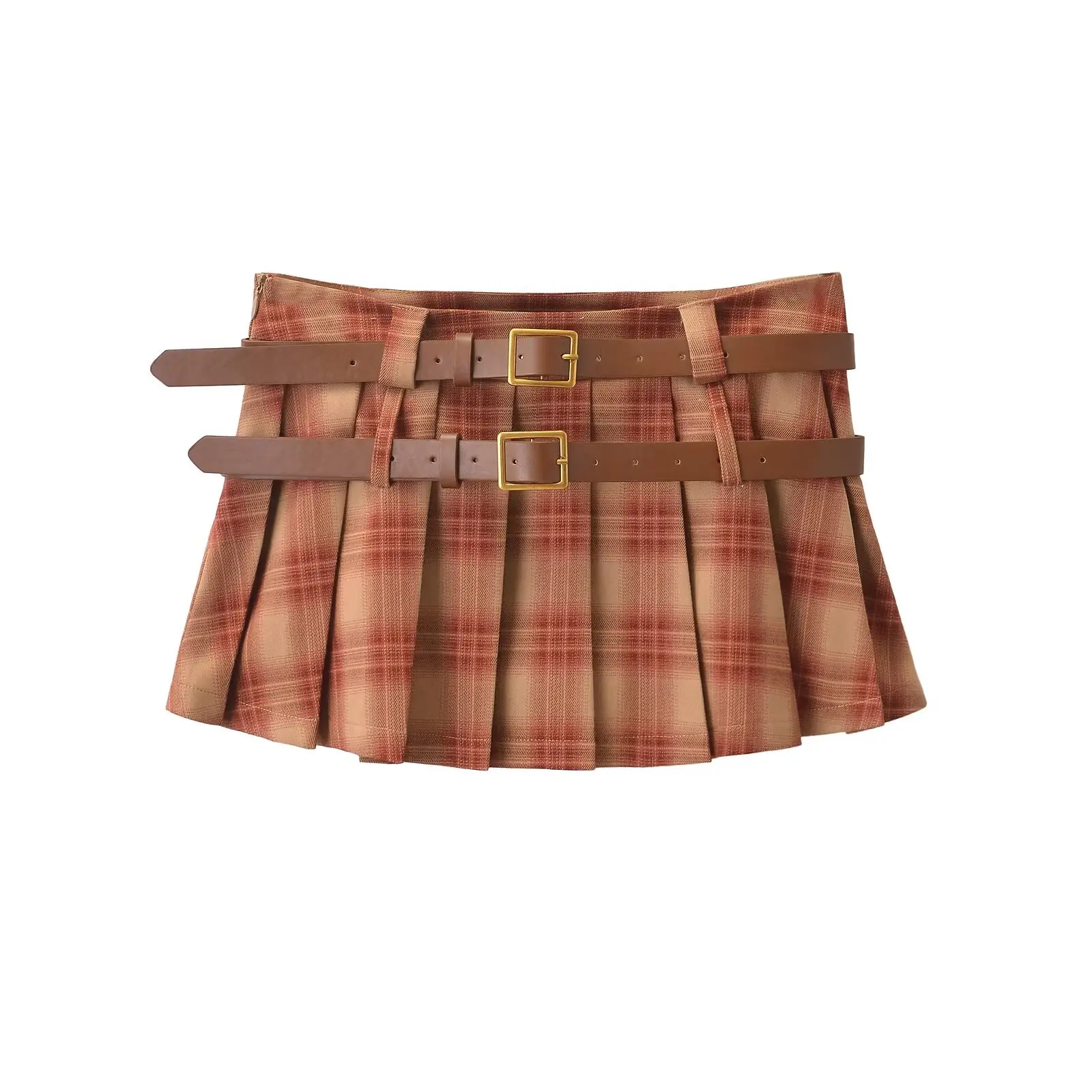 Sli ort geruite plooirok met dubbel riemontwerp Amerikaanse Sle f-lengte rok met lage taille voor trendy meisjes