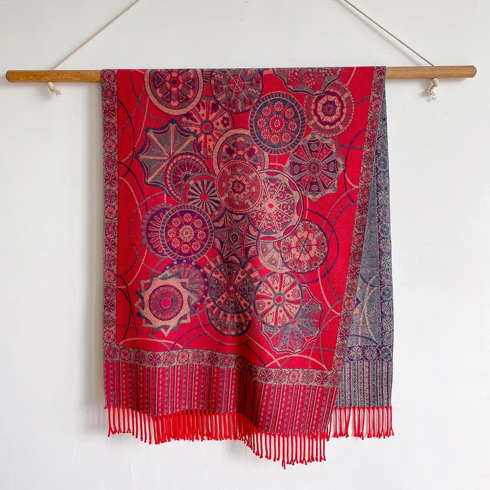 65 * 200 cm ethnische Hijabs, weiche Schals, bedruckt, floral, dick, warm, Winter, kerngesponnenes Garn, Fransen, Kaschmir, warmer Schal