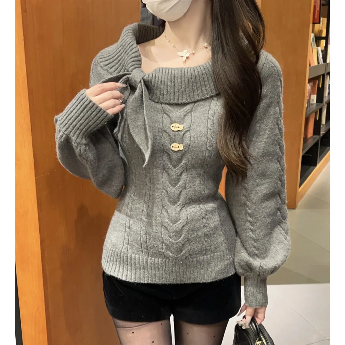 

Women's Knitted Long Sve Sweater Arctic Fce Rabbit Ear Collar Chic Sweet Twist Anti-Aging Base irt Top Faionable Au...