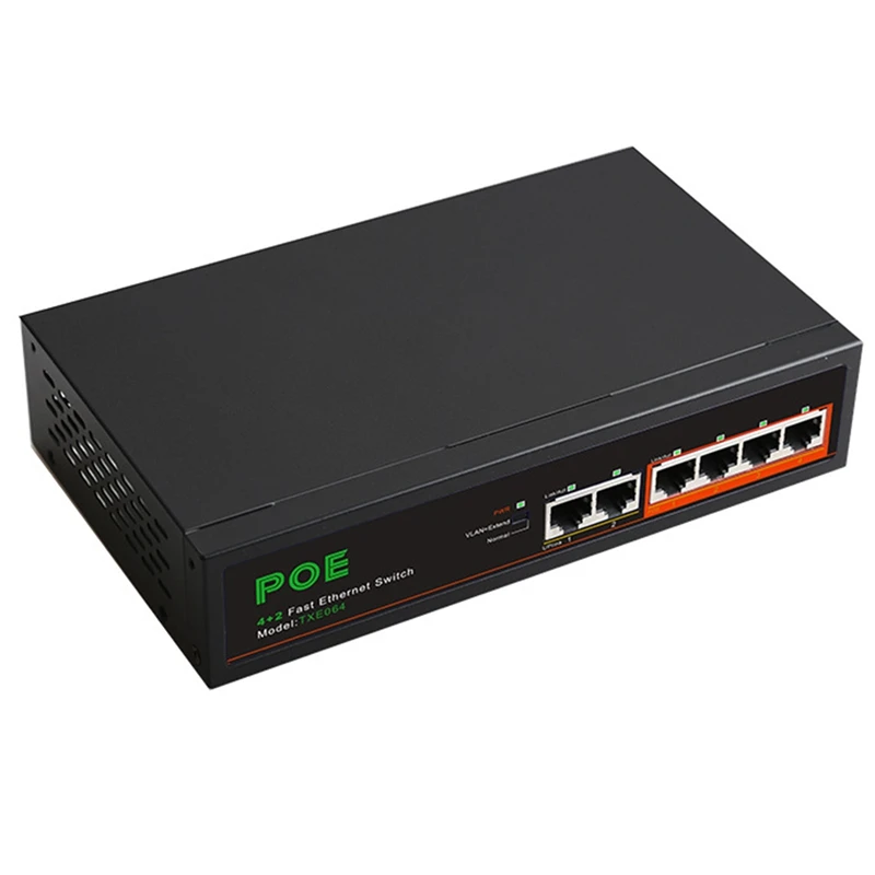 6 Port 100Mbps POE Switch Network Switch Network Splitter Metal Black New With VLAN Function For Surveillance Cameras US Plug