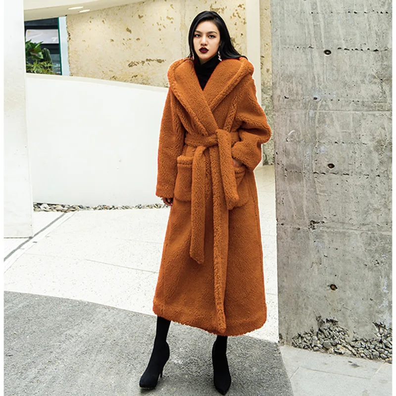 

New Faux Fur Coat Women Warm Long Fur Coats Fluffy Jacket Luxury Brand Pockets Suit Collar Lace-up Chic Robe Solid Long Sleeve