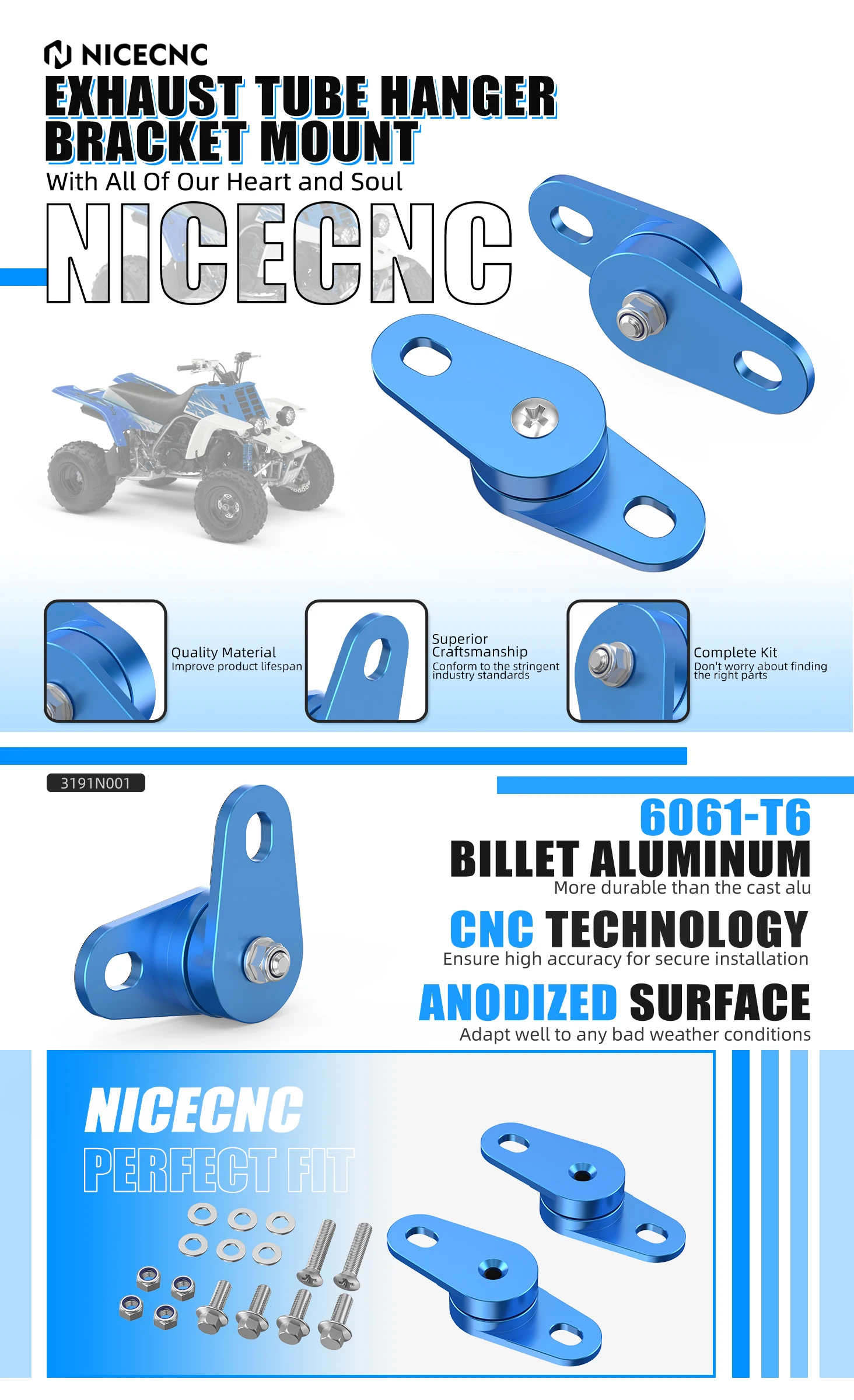NICECNC Auspuffrohrhalterungen für Yamaha Banshee 350 YFZ350 YFZ350SP 1987–2006, verstellbare Aluminium-Schalldämpferhalterung für ATV – Detail 2
