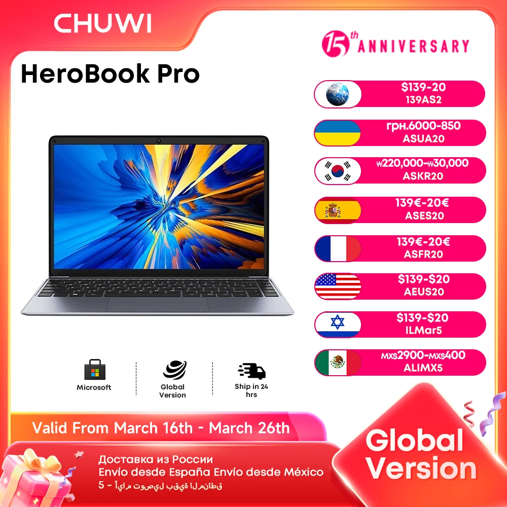 CHUWI HeroBook Pro Laptop 14.1 inch IPS Screen 8GB RAM 256GB SSD Intel Celeron N4020 Dual Core Windows 11 System Computer PC