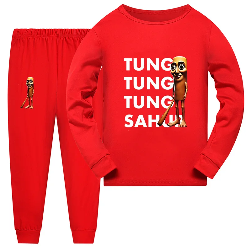 Zabawny wzór memu Tung Tung Tung Sahur, włoski brainrot, zestaw piżam dla dziewczynek, piżamy z długim rękawem dla chłopców, komplet do spania dla dzieci.