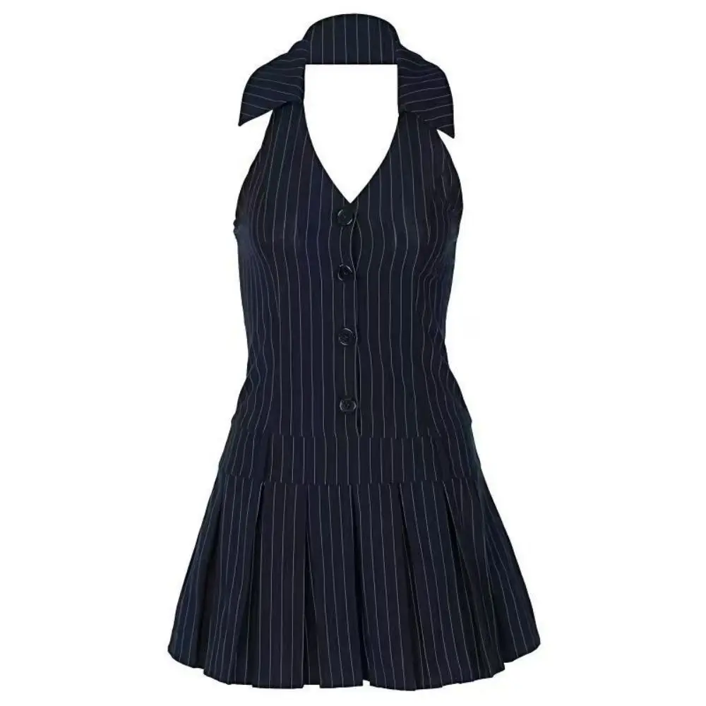 Doce fino ajuste profundo v camisa vestido plissado sem mangas feminino saia curta listrado picante estilo menina halter camisola vestido meninas presente