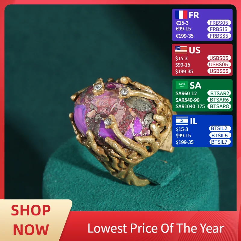 

Vintage Jewelry Accessories Purple Stone Rings Natural Adjustable Gold Color Plant Branch Antique High Quality Engagement 2025