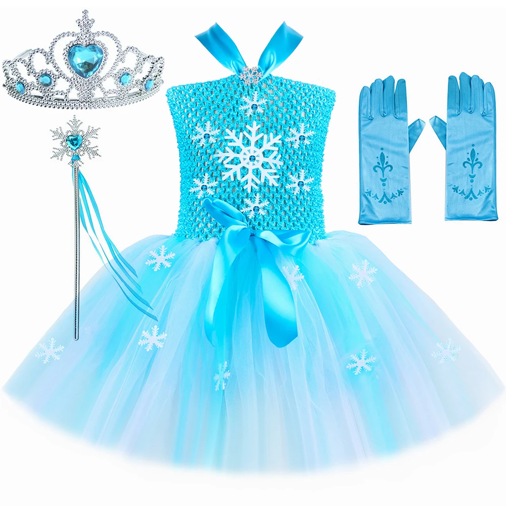 Elsa Tutu Dress Costume for Girls Fancy Princess Dress Up Clothes Sky Blue Snowflake Kids Halloween Birthday Party Tulle Dresses