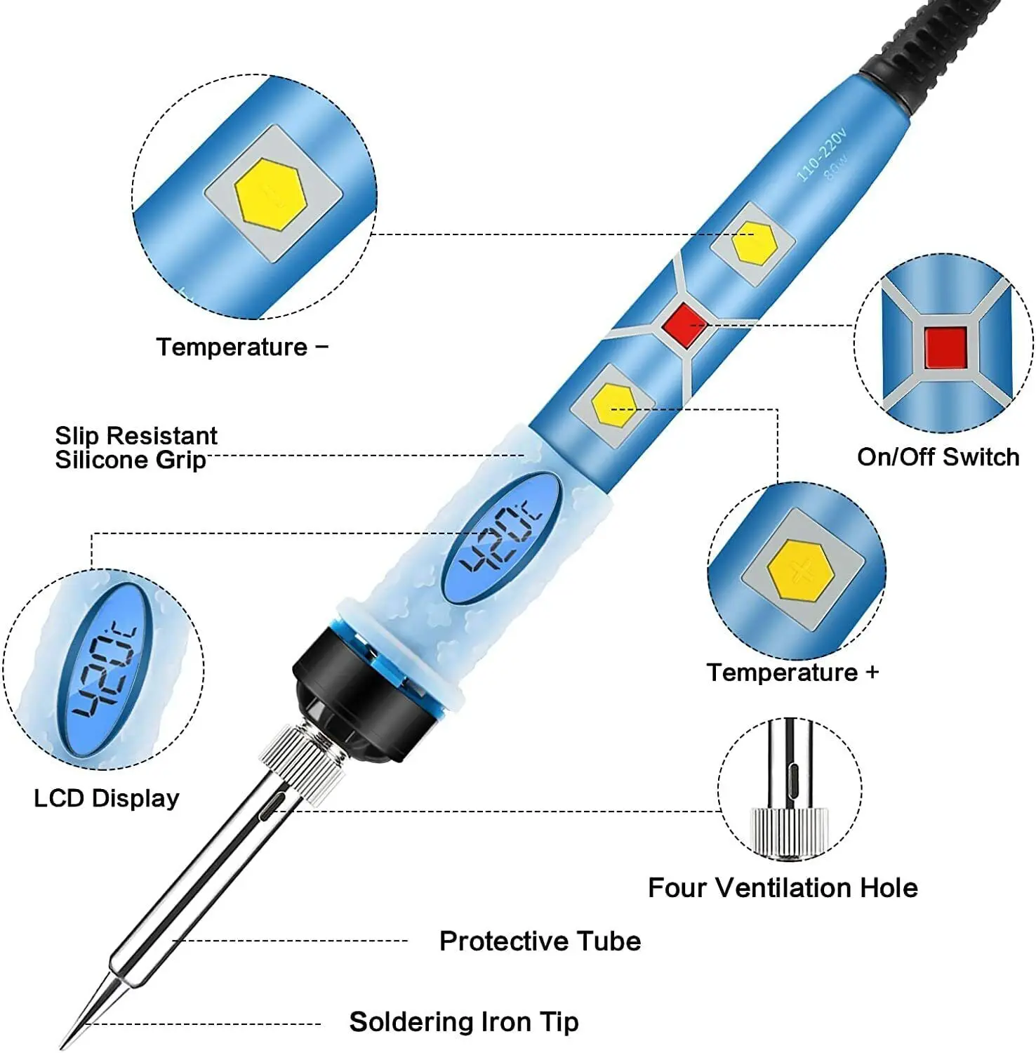 80W Adjustable Temperature Electric Soldering Iron Kit Welding Tool Solder Tip Cleaner Desoldering Pump LCD Show