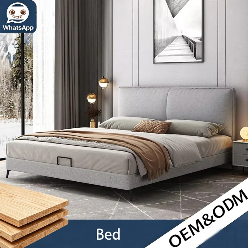 Nordic Fabric Upholstered Double Bed, Minimalist Solid Frame Platform Bed with Soft Headboard for Bedroom Wedding Room