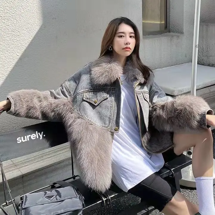 Mantel bulu rubah imitasi wanita, jaket Denim kerah bulu besar kasual Korea musim dingin musim gugur Single-Breasted parka R064