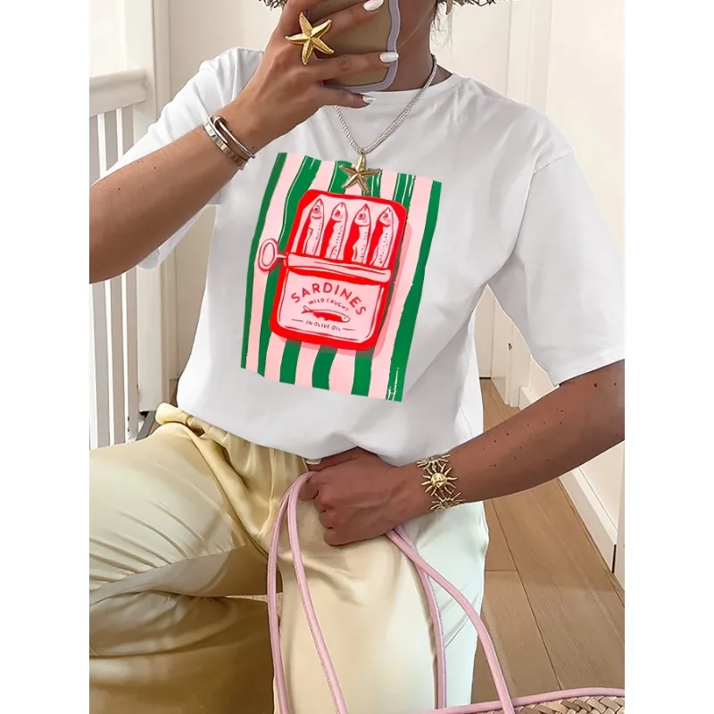 Camiseta holgada informal con estampado de sardinas para mujer, camisetas de manga corta Y2K a la moda versátiles de talla grande