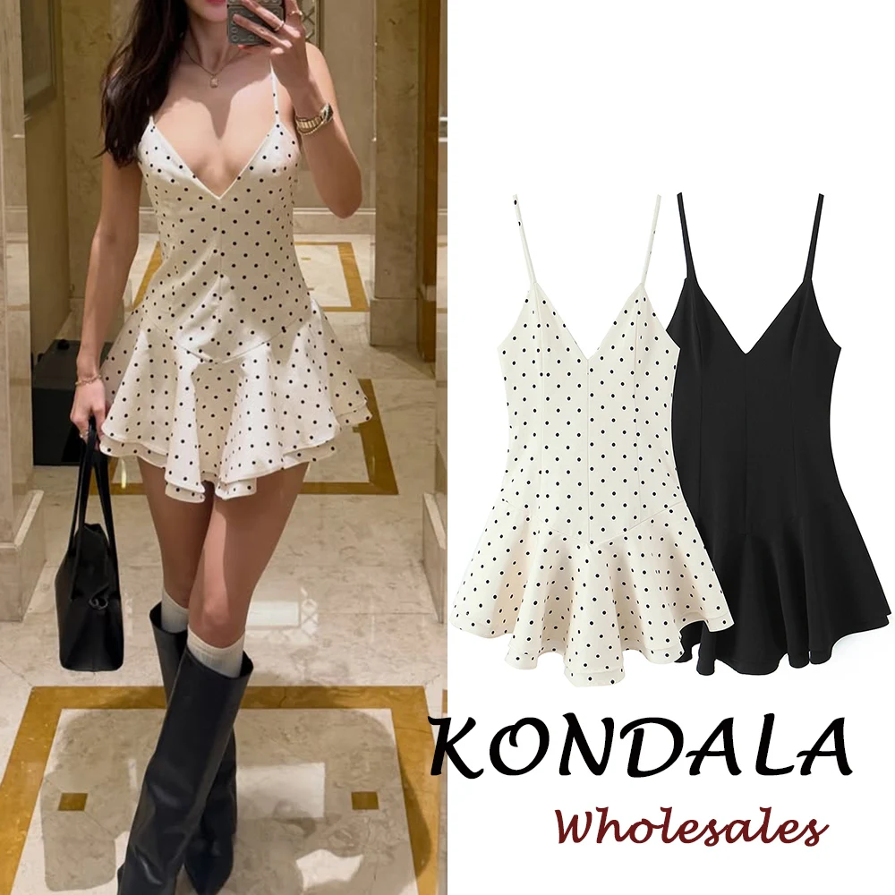 KONDALA Schickes Glänzendes Gepunktetes Etuikleid mit V-Ausschnitt und Spaghettiträgern, Mini-Kleid für Damen, Mode 2026, Bodysuit-Kleid, Elegantes Abendparty-Kleid