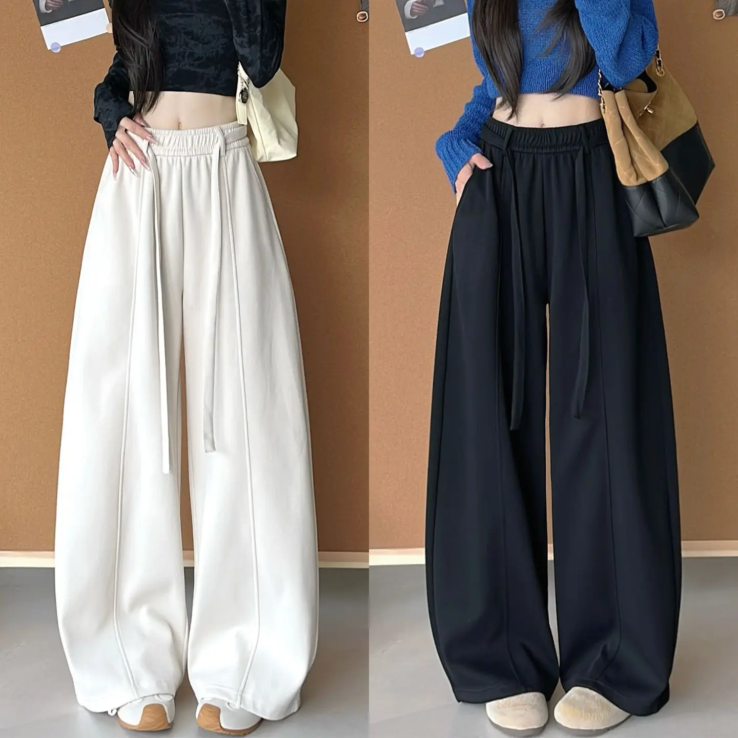 

Американские винтажные брюки с широкими штанинами и завязками, женские, с высокой талией, свободные, повседневные, осенние, новые, с эффектом стройности