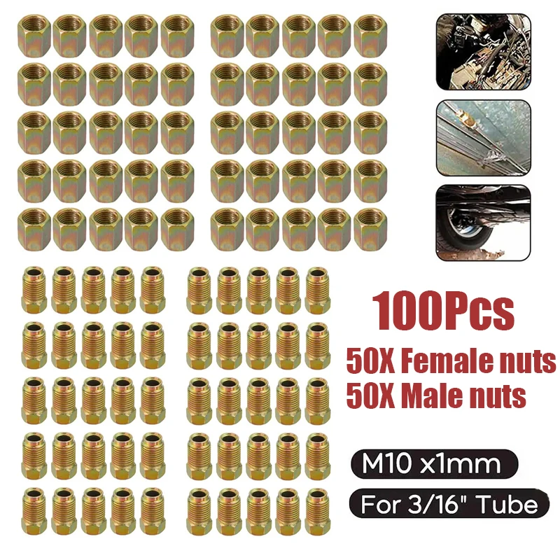 100Pcs Male / Female End Union Brake Pipe Screw Nuts M10 x 1mm 3/16Inch OD Copper Brake Tubes Line Pipe Fittings Metric