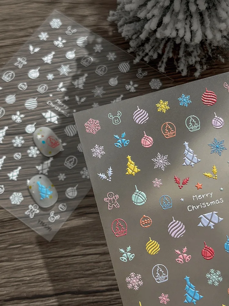 크리스마스 파티용 엠보싱 네일 아트 데칼, 크리스마스 트리/행잉 볼/벨/눈꽃 디자인, 셀프 접착 네일 스티커