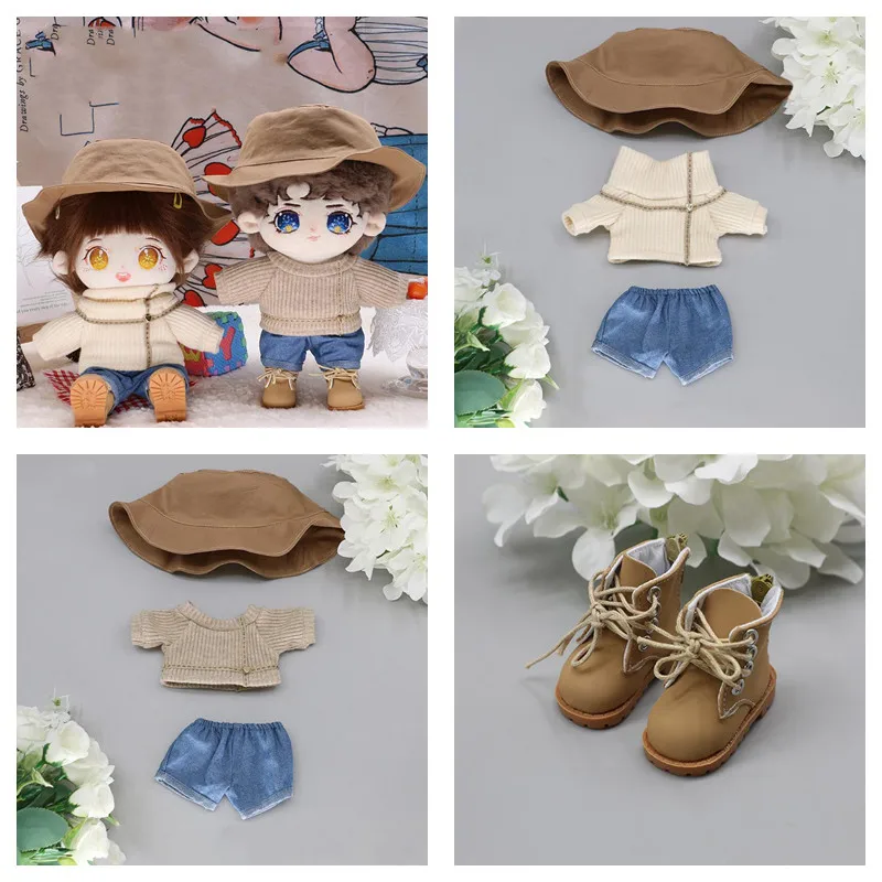 Beige Sweater Clothes For 20cm Stuffed Dolls DIY Cosplay 20cm Doll Clothes Denim Shorts Brown Fisherman Hat