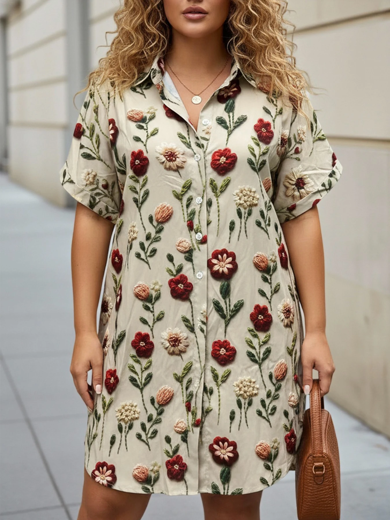 Plus Size Women's Longline Oversized Shirt 3D Embroidery Print Floral Pattern Half-Sleeve Loose Button-Front Tunic Cardigan view 5