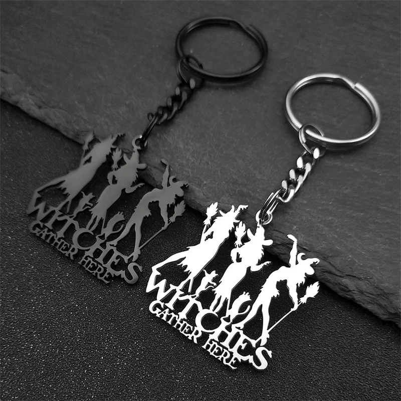 Witches Gather Here Pendant Key Chain For Women Men Black Color Witchcraft Cat Halloween Key Ring Gothic Jewelry Gift