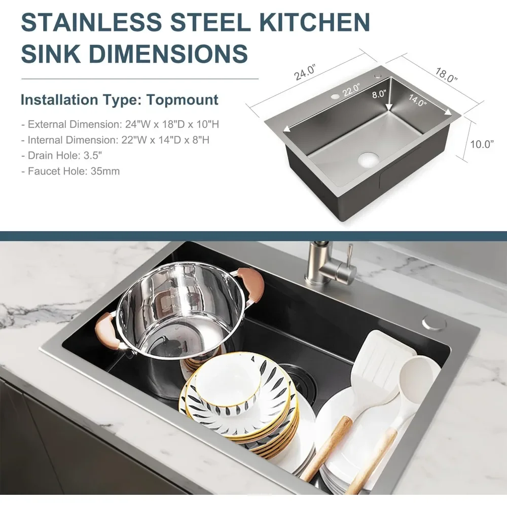 حوض المطبخ مقاس 24 × 18 بوصة مع وعاء واحد من الفولاذ المقاوم للصدأ مع مجموعة تصريف وصنبور
