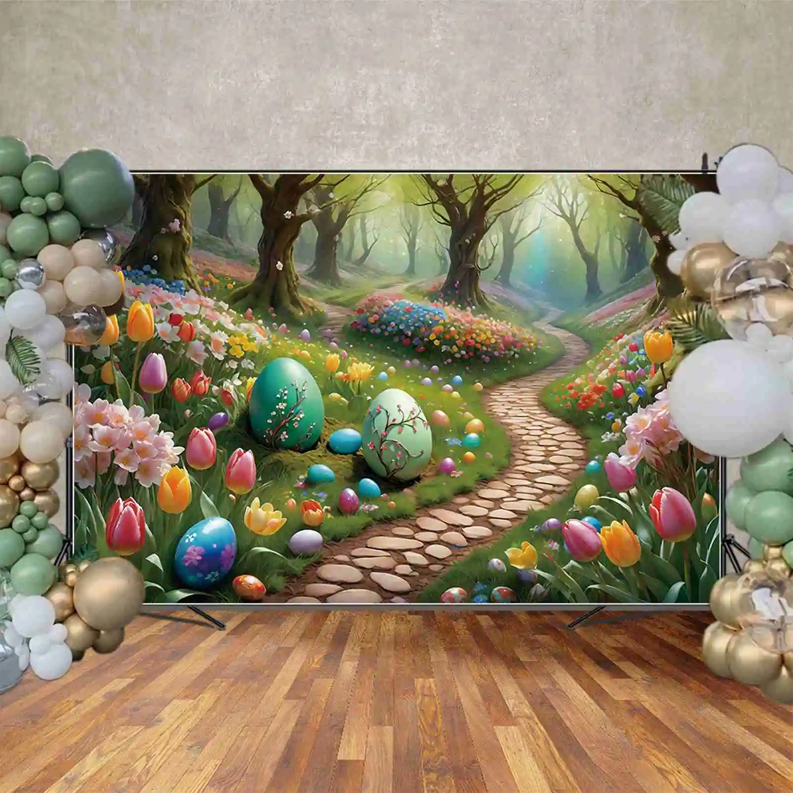 MOON.QG Spring Happy Easter Photography Backdrop Garden Flower Fence Egg Party Photo Background Professional Studio Photocall