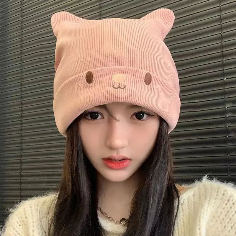 New Women Autumn Winter Cute Cap Hat Female Cartoon Bear Ears Lady Girl Kawaii Knitted Crochet Beanies Hat Cap For Women