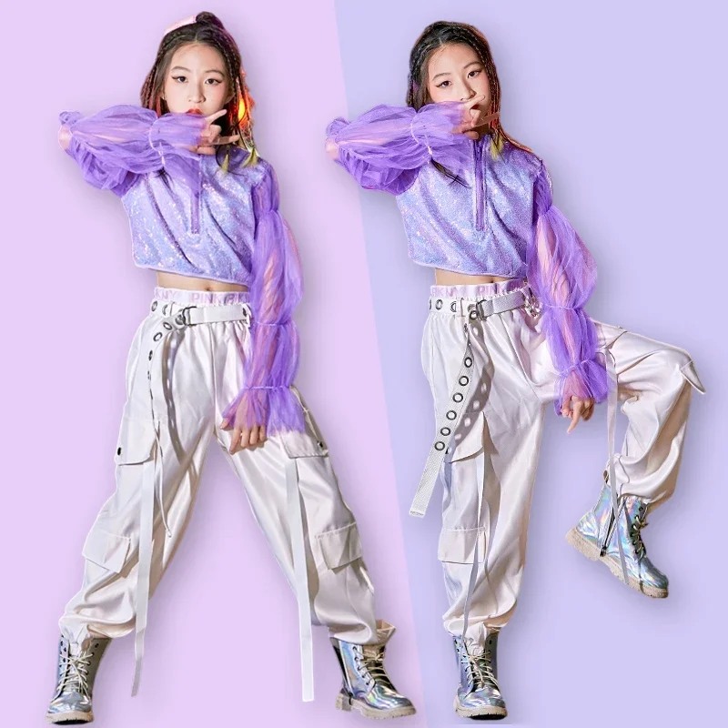 

Hip Hop Dancing Clothes Girls Sequin Jazz Dancewear Purple Tops White Cargo Pants Street Dance Clothes Kpop Stage Outfit