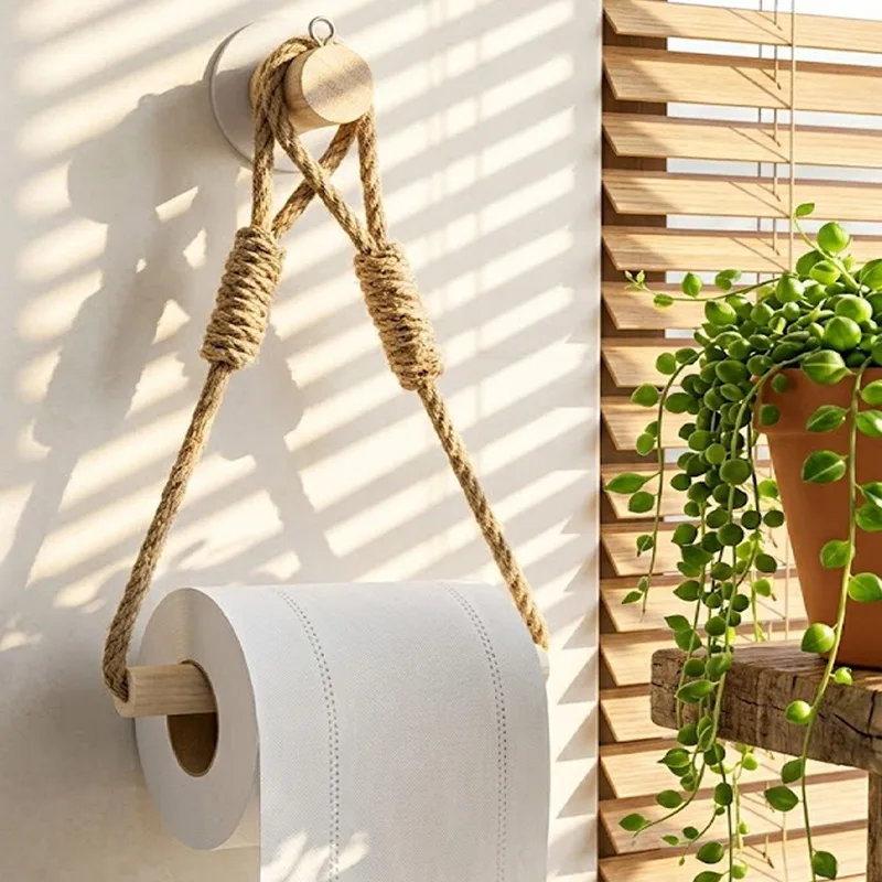 Handmade Wooden Rod Hemp Rope Paper Holder, Creative Wall Mount Toilet Roll & Towel Hanging Rack