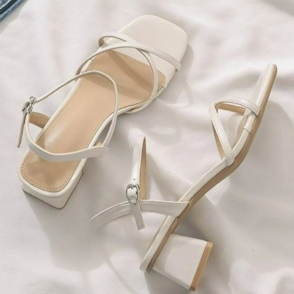 Women's Sandals Summer Footwear High Heels Luxury Designer Shoes Block Heel Low and Elegant Casual Medium Dresses on Offer White