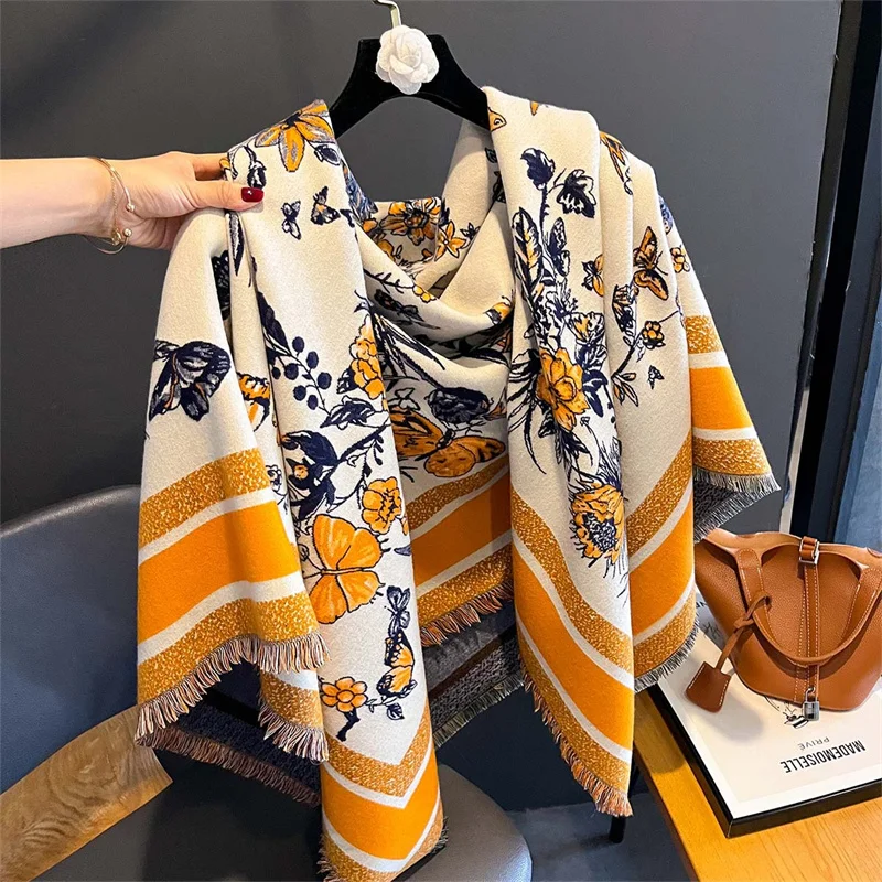 

Luxury Brand Cashmere Women Floral Scarf Winter Warm Shawl and Wrap Bandana Pashmina Female Foulard Square Thick Blanket Poncho