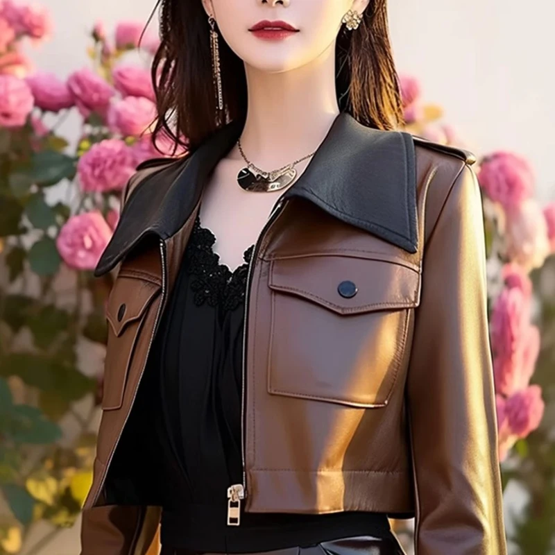 Mulheres jaqueta de couro curto marrom emenda preto turn-down colarinho design nova primavera outono casaco do plutônio estilo zíper manga longa topo