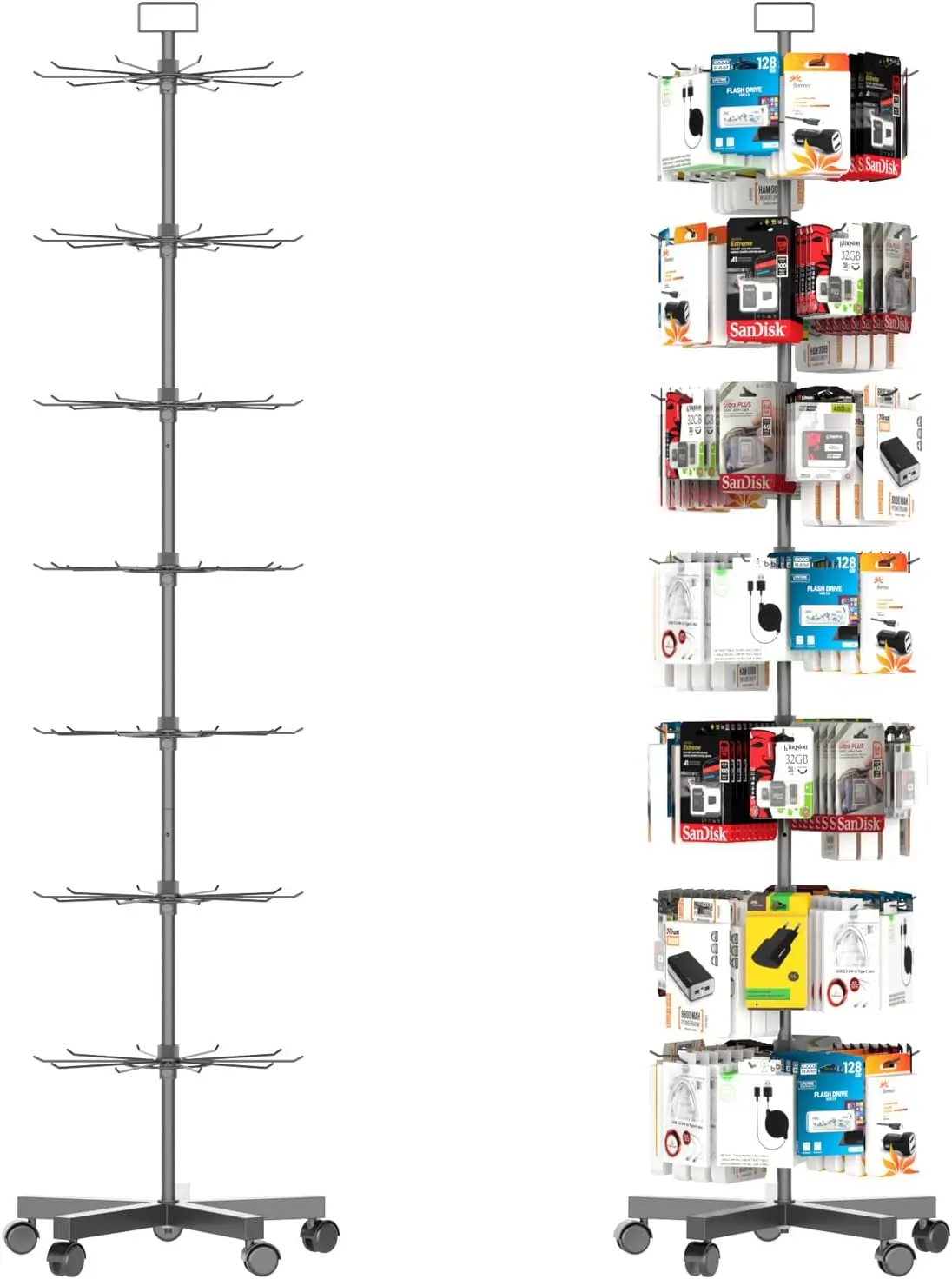 Movable Shop Spinner Rack with Hooks, Retail Display Racks,Upgraded Retail Display Stand 7 Tier Spinning Display Stand