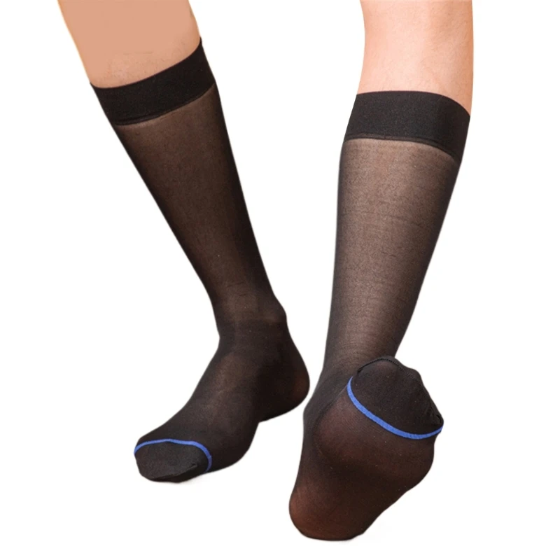 Mens Thin Dress Socks Silk Sheer Formal Business Socks Soft Nylon Over the Calf Suit Socks Blue Striped Long Stockings