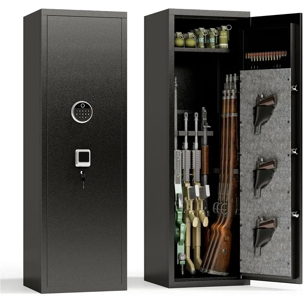 

Биометрический сейф для оружия: сверхпрочное хранилище с 3 отделениями для пистолетов, регулируемыми полками и съемными стеллажами