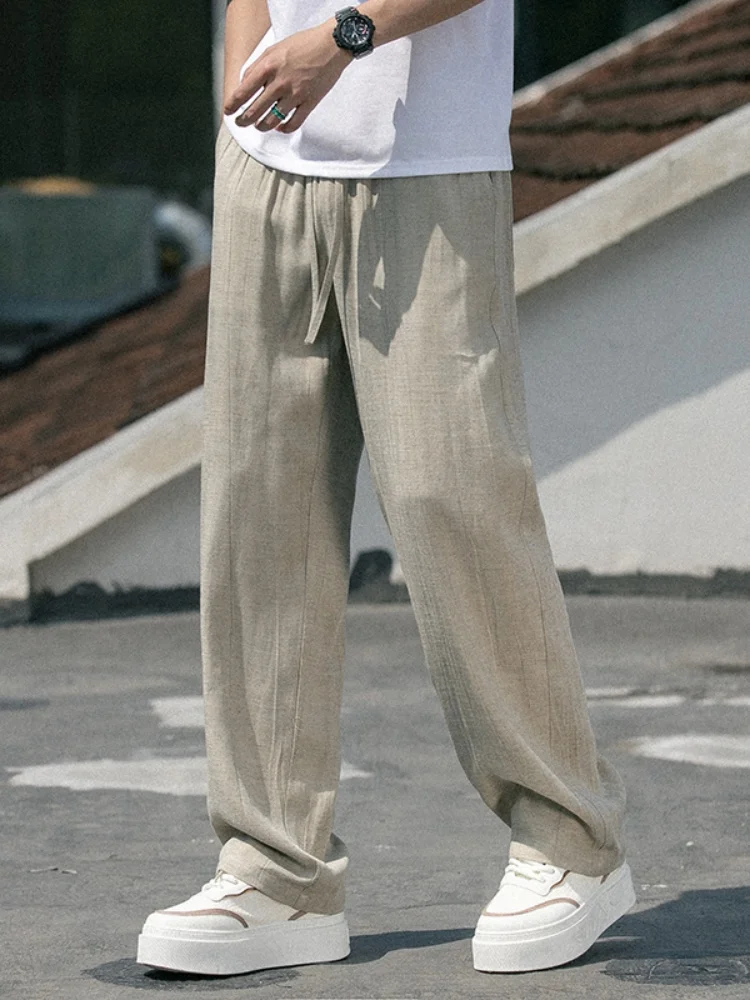 

Ice Silk Men's Summer Wide Leg Pants Thin Cool Breathable Linen Loose Fit Cotton Linen Trousers Casual Straight Leg Trousers