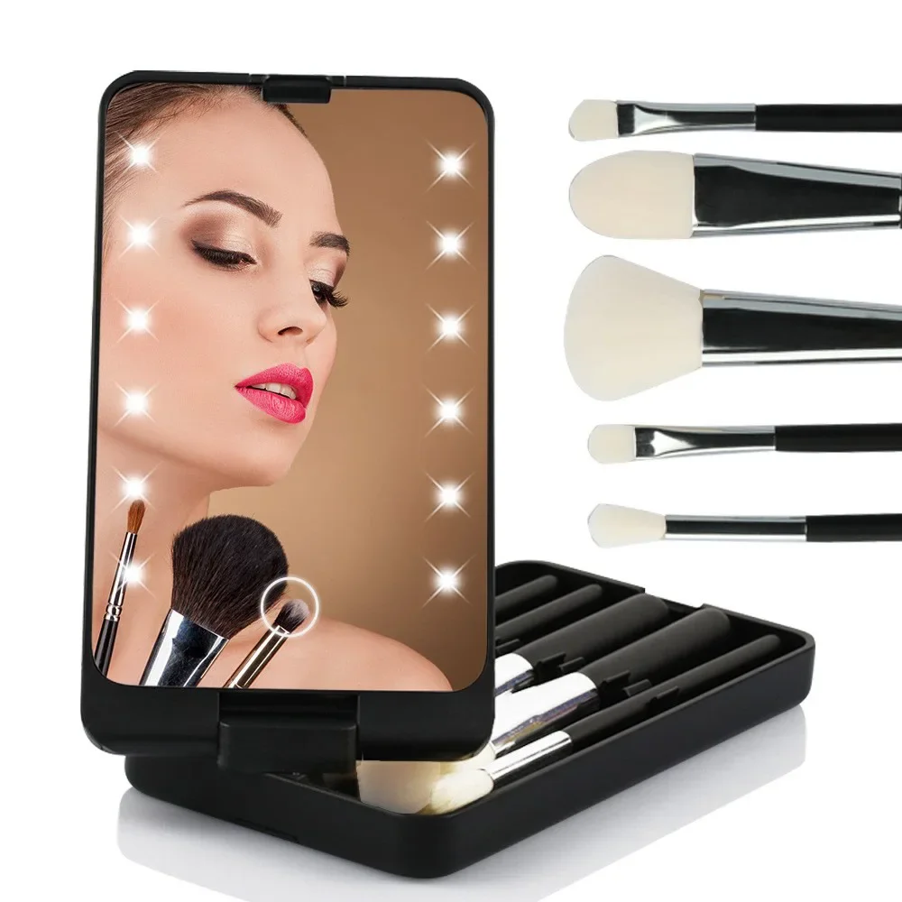 A Set of Led Makeup Mirror with Lamp Mirror 5 Makeup Brushes Set Usb Rechargeable Makeup Brush Storage Box Dust-proof